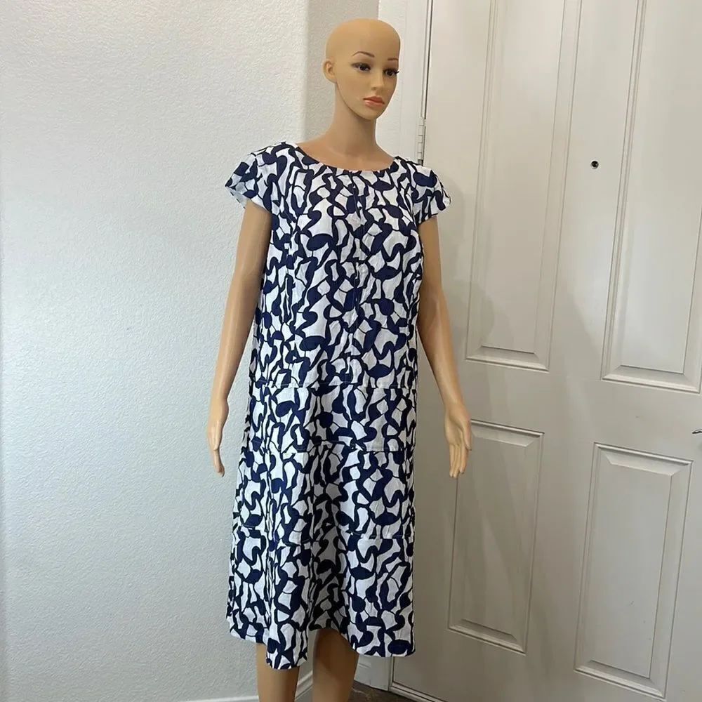Anne Klein Dress Size 14W Scoop Neck Cap Sleeve Midi Blue White Zipper Back